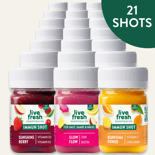 Einundzwanzig LiveFresh Shots mit Vitamin D3 + K2, Zink + Biotin und Curcumin. Hinweis im Bild: „21 SHOTS“.