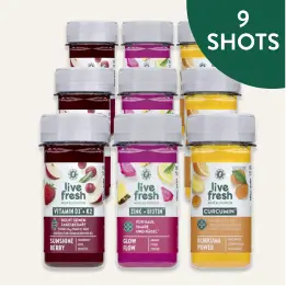 Neun LiveFresh Shots mit den Sorten Vitamin D3 + K2, Zink + Biotin und Curcumin. Hinweis im Bild: „9 SHOTS“.