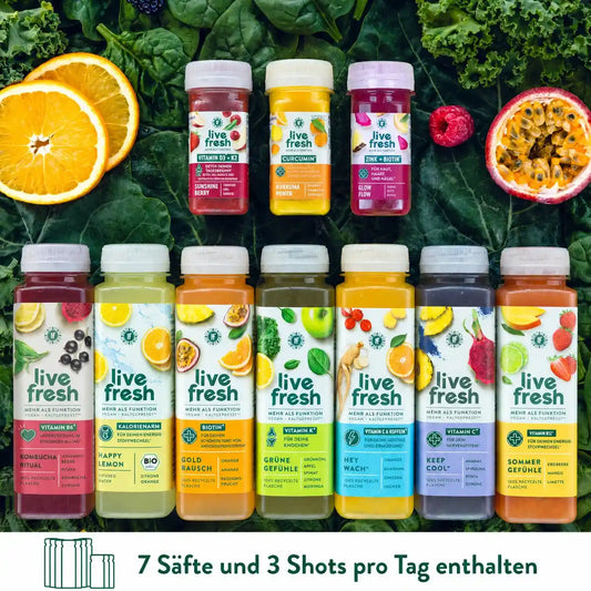 7 different LiveFresh Juices and 3 Shots which are included in the juice cleanse by LiveFresh.