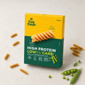 LiveFresh High-protein, low-carb fusilli packaging featuring individual fusilli noodles, peas, and pea pods on a light background.