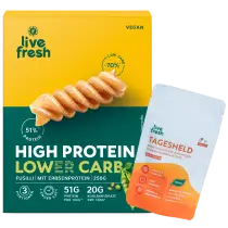 High-Protein-Pasta von LiveFresh und eine Verpackung mit Omega-3-Kapseln davor