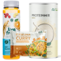 Kombination aus Proteinmix, Saft und Kurkuma-Curry-Mahlzeit von LiveFresh – ideal für eine ausgewogene, eiweißreiche Ernährung.
