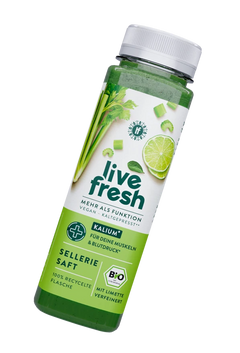LiveFresh Saft "Sellerie Saft" kaltgepresst mit kalium für Muskeln und Blutdruck. Biolabel auf der flasche. 100% recyclete Flasche. Mit Limette verfeinert.