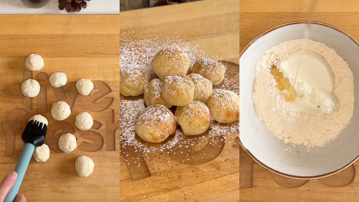 Drei Schritte zur Zubereitung von Skyr Bällchen im Airfryer: Zutatenmischung, Bällchen formen und mit Butter bestreichen, fertige Bällchen mit Puderzucker bestreut.