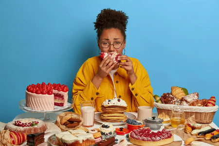 Frau in gelber Jacke isst emotional ein Stück Kuchen vor einem reich gedeckten Tisch voller Süßspeisen wie Erdbeertorte, Pancakes und Gebäck, vor blauem Hintergrund.