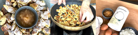 Glutenfreier kalorienarmer Protein Kaiserschmarrn, serviert mit Apfelmus, in verschiedenen Zubereitungsschritten dargestellt: frisch geschnitten auf einem Teller, beim Anbraten in einer Pfanne und neben Zutaten wie Eiern und Mandelmilch.