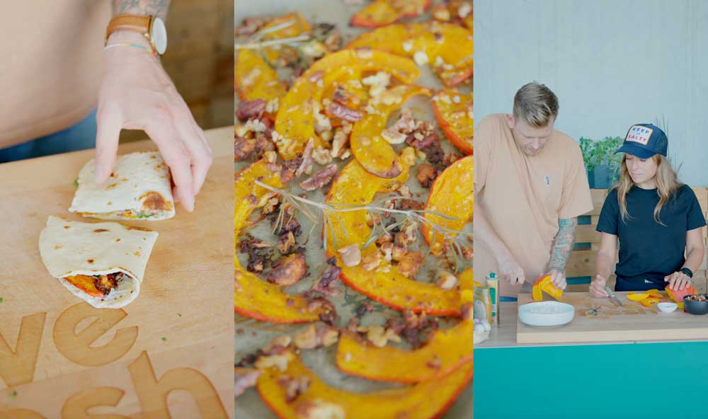 Drei unterschiedliche Szenen: Hände falten ein Quesadilla, detaillierte Ansicht von Ofenkürbis mit Feta und Nüssen, sowie zwei Personen beim Zubereiten von Mahlzeiten in einer Küche.