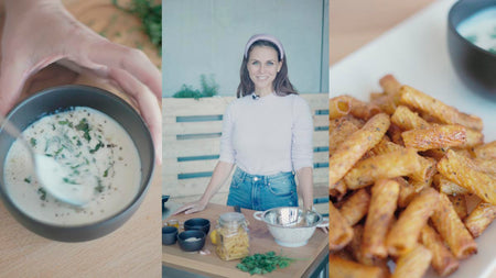 Vegane knusprige Pasta Chips mit Kräuter-Dip