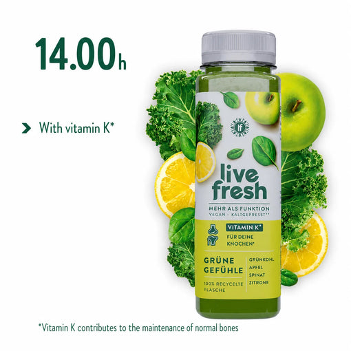 LiveFresh green juice with kale, apple, spinach, and lemon, highlighting Vitamin K benefits, which contributes to the maintenance of normal bones. 