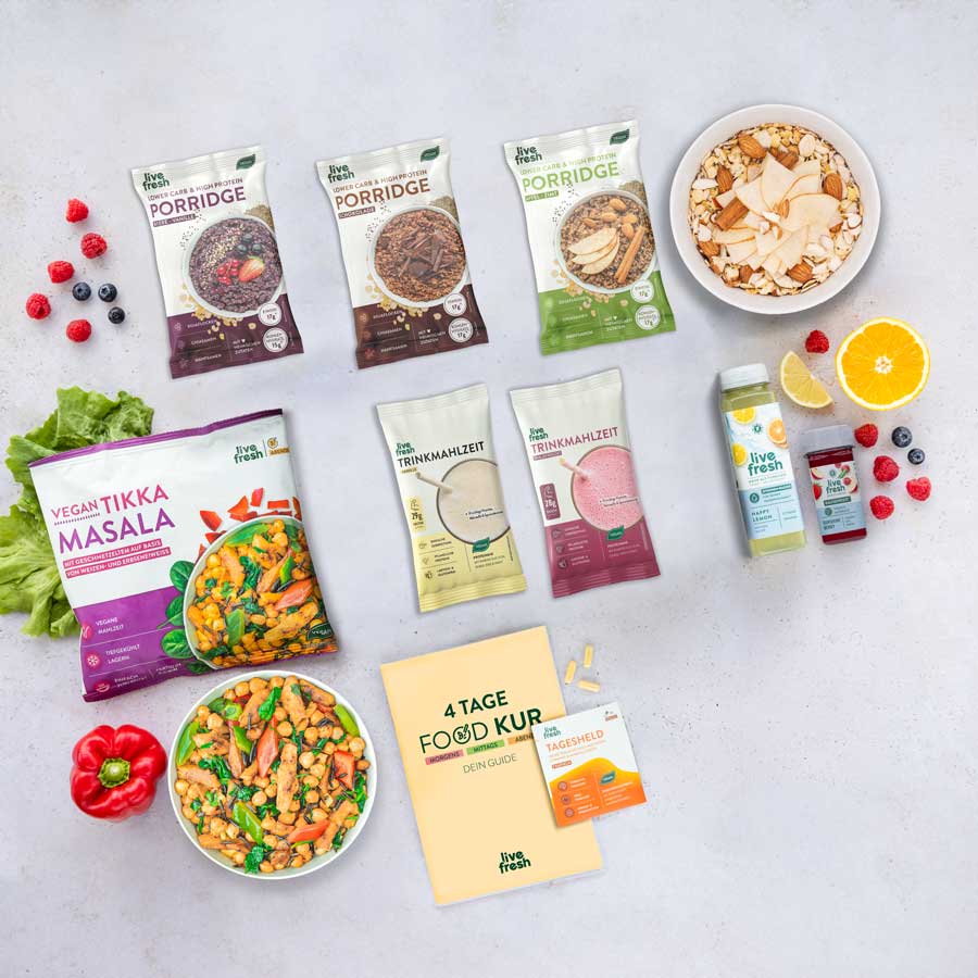 Übersicht der „4 Tage Food Kur“ von LiveFresh: Enthalten sind drei Sorten Porridge, zwei Trinkmahlzeiten, zwei kleine Shots, ein veganer Tikka-Masala-Bowl, frisches Obst und Gemüse sowie ein Guide mit Nahrungsergänzungsmitteln. Die Produkte sind ansprechend auf einem hellen Untergrund arrangiert.