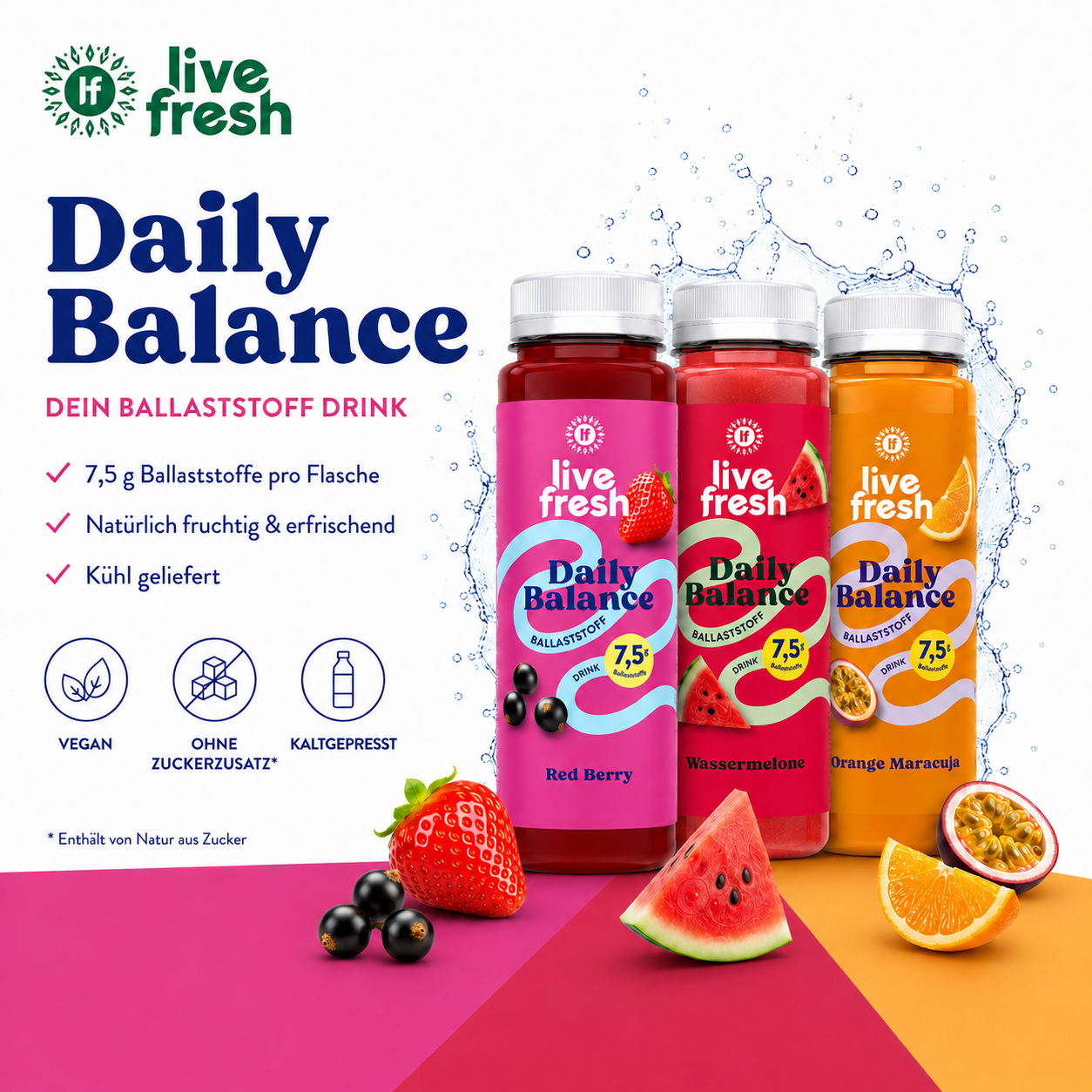 Drei Flaschen des „live fresh Daily Balance Ballaststoff Drink“ in den Sorten Red Berry, Wassermelone und Orange Maracuja stehen vor einem Wasserspritzer. Die Darstellung hebt Ballaststoffe, fruchtigen Geschmack und die Produkteigenschaften hervor. Sichtbarer Text. „live fresh“. „Daily Balance“. „DEIN BALLASTSTOFF DRINK“. „7,5 g Ballaststoffe pro Flasche“. „Natürlich fruchtig & erfrischend“. „Kühl geliefert“. „VEGAN“. „OHNE ZUCKERZUSATZ*“. „KALTGEPRESST“. Auf den Flaschen. „Red Berry“. „Wassermelone“. „Oran