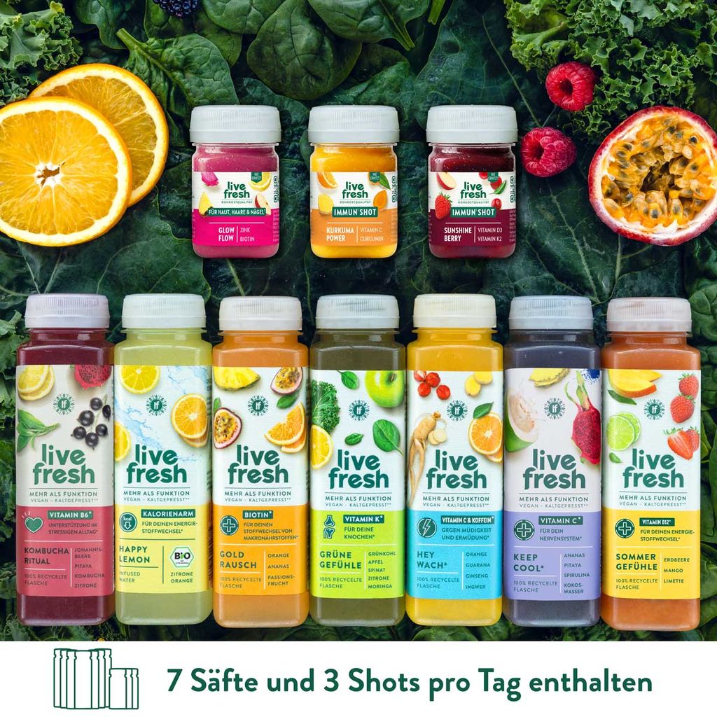 Die LiveFresh Saftkur: sieben Säfte und drei Shots, alle Flaschen gleich groß
