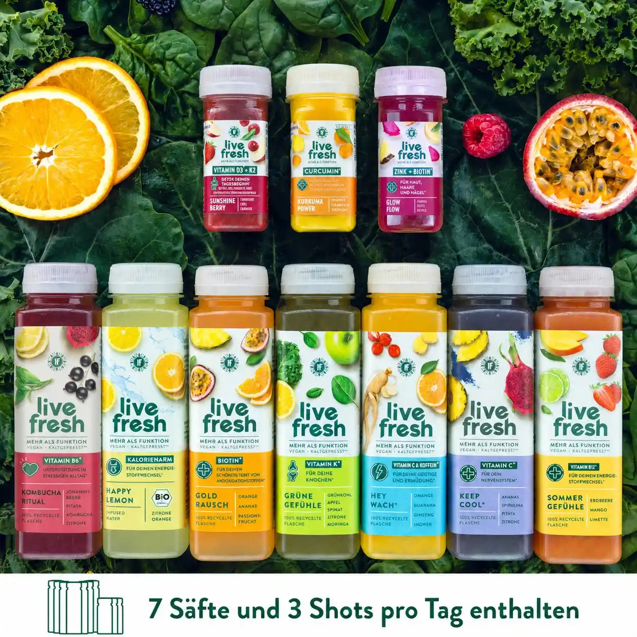 7 different LiveFresh Juices and 3 Shots which are included in the juice cleanse by LiveFresh.