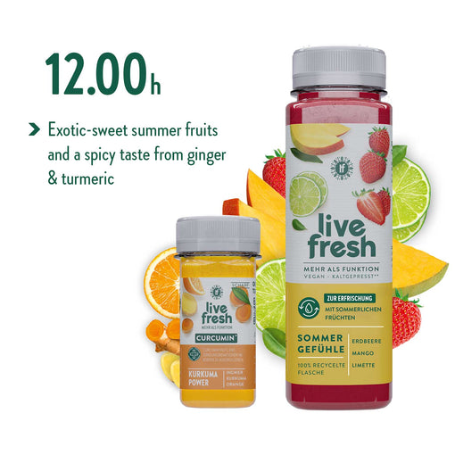 Two bottles of LiveFresh drinks in front of a background of sliced citrus fruits, strawberries, and mangoes. The large bottle, called Sommergefühle (Summer Feelings), contains strawberry, mango, and lime. The small bottle contains the shot “Kurkuma Power” (Turmeric Power). On the left is written “12:00 p.m.” with a reference to exotic sweetness and spicy flavor from ginger and turmeric.