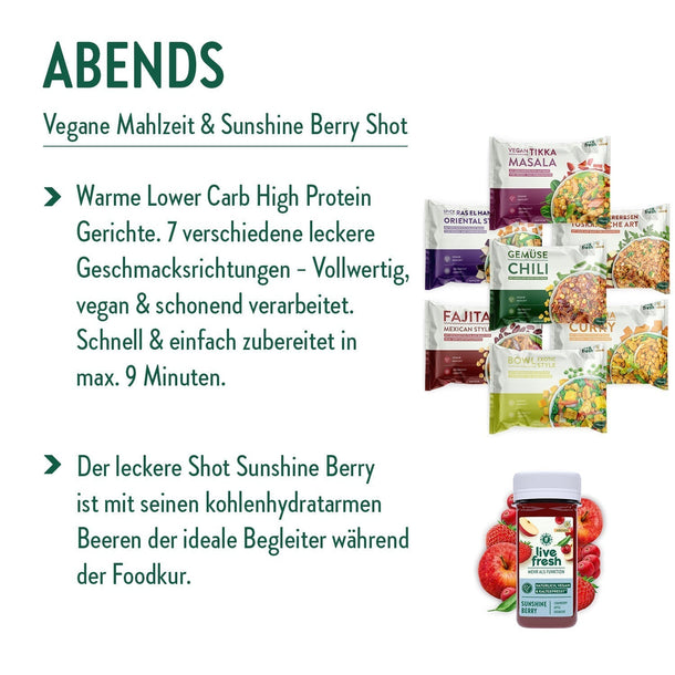 Zeigt eine Anleitung für das Abendessen einer Food-Kur mit einer veganen Mahlzeit und einem „Sunshine Berry“-Shot. Die Mahlzeiten sind proteinreich, vegan und in 9 Minuten zubereitet, mit sieben Geschmacksrichtungen zur Auswahl. Der „Sunshine Berry“-Shot ergänzt die Kur mit kohlenhydratarmen Beeren.