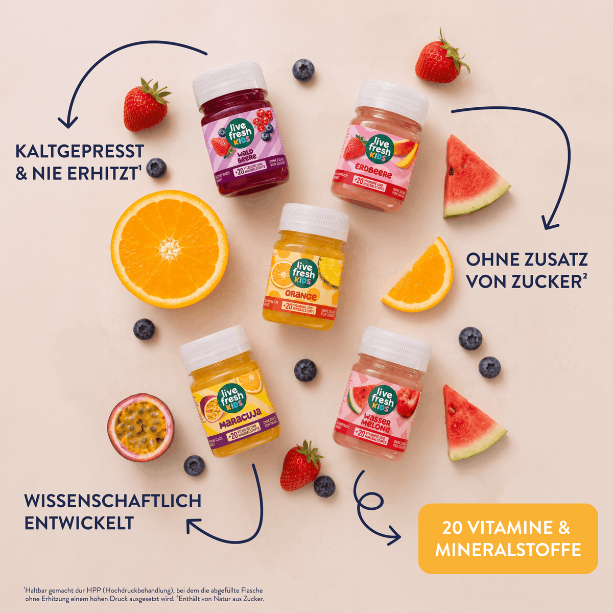 Fünf Sorten liveFresh Kids in den Geschmacksrichtungen Waldbeere. Erdbeere. Orange. Maracuja. Wassermelone. Die Fläschchen liegen zwischen frischen Früchten und werden mit den Aussagen "KALTGEPRESST & NIE ERHITZT. OHNE ZUSATZ VON ZUCKER. WISSENSCHAFTLICH ENTWICKELT. 20 VITAMINE & MINERALSTOFFE" vorgestellt.
