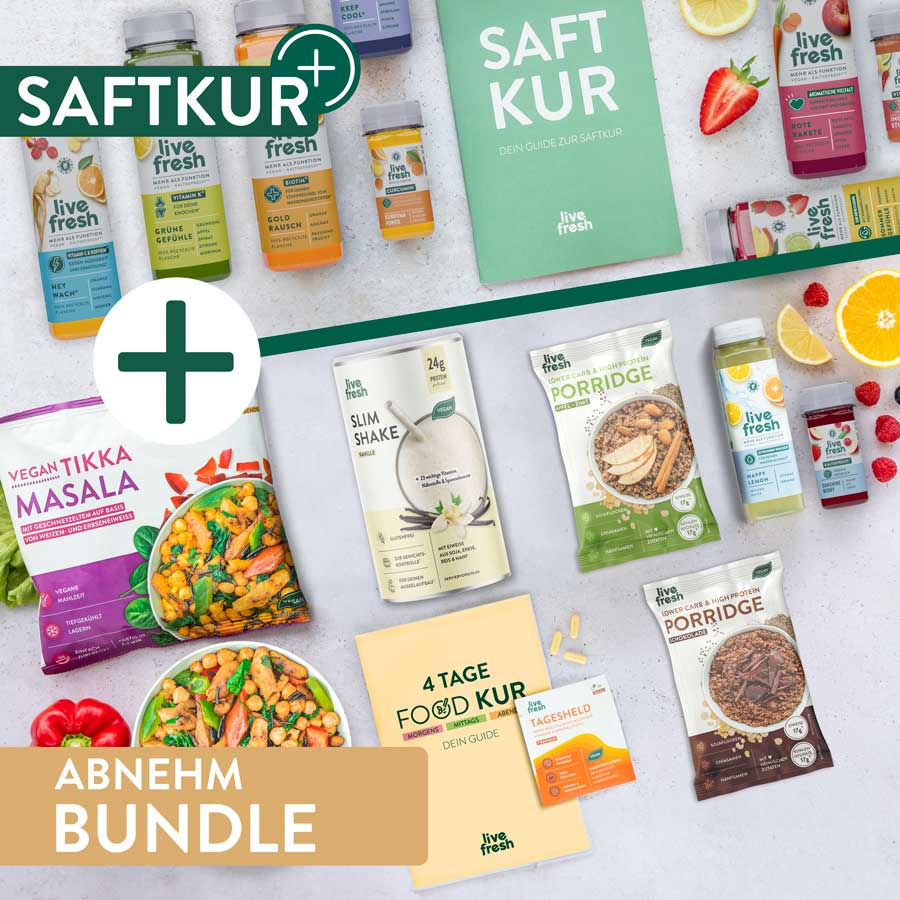 LiveFresh Abnehm-Bundle mit der Kombination aus Saftkur, Slim Shake, veganem Tikka Masala, Porridge, Nahrungsergänzung und einem 4-Tage-Food-Kur-Guide. Die Produkte sind auf gesunde Gewichtsreduktion, Nährstoffversorgung und einfache Umsetzung im Alltag ausgerichtet.
