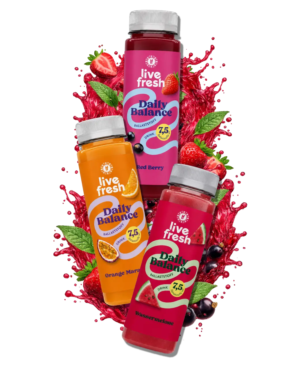Drei fruchtige LiveFresh Ballaststoffdrinks der Daily Balance Reihe in den Sorten Red Berry, Orange Maracuja und Wassermelone vor farbigen Fruchtspritzern.