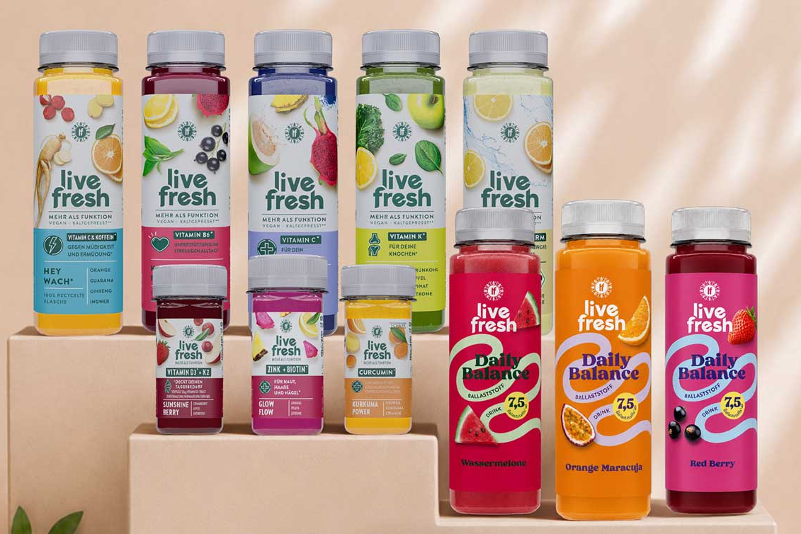 Saftkur von LiveFresh mit 3 Shots und 7 Säften pro Tag im Special mit Daily Balance Ballaststoffdrinks - Wassrmelone, Orange Maracuja & RedBerry