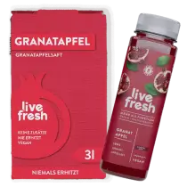 Granatapfel-Getränk von LiveFresh mit Flasche und 3L-Verpackung.