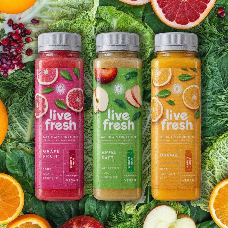 Drei Flaschen LiveFresh Saft stehen nebeneinander auf einem Hintergrund aus grünem Gemüse und aufgeschnittenen Orangen-, Grapefruit- und Apfelscheiben. Die Sorten umfassen Apfelsaft (grünes Etikett), Orangensaft (gelbes Etikett) und Grapefruitsaft (pinkes Etikett), alle kaltgepresst und vegan.