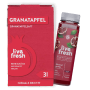Granatapfelsasft von LiveFresh. Links in einer 3Liter Verpackung in rot. Rechts in der 250ml Falsche auch mit einem roten Label. 