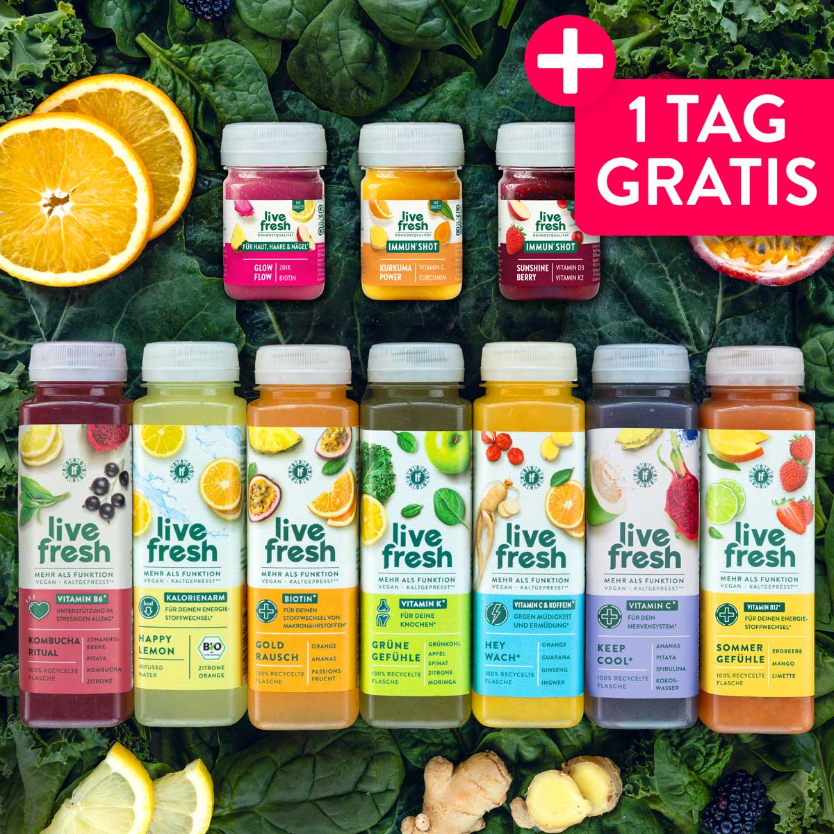 Bunte LiveFresh Säfte und Shots für eine Saftkur in verschiedenen Geschmacksrichtungen auf frischem Blattgemüse mit Orangen und Ingwer. Pinker Aktionshinweis mit der Aufschrift "1 TAG GRATIS".