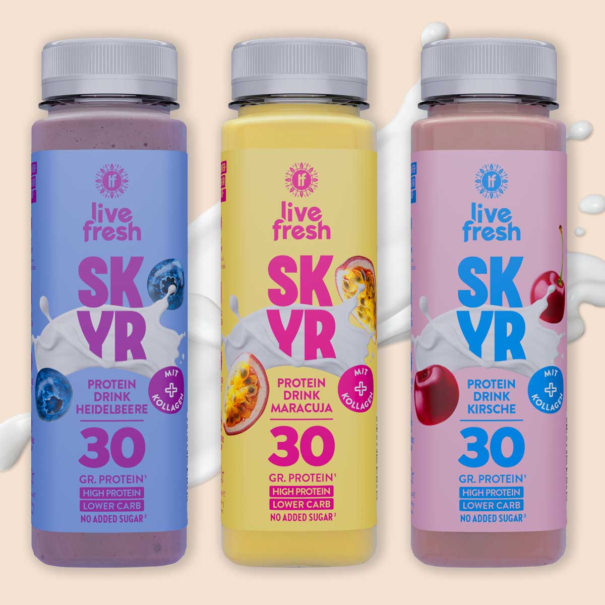 Drei Live Fresh Skyr-Protein-Drinks in den Sorten Heidelbeere, Maracuja und Kirsche, jeweils mit 30g Protein und ohne Zuckerzusatz.
