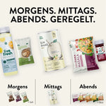 LiveFresh zeigt eine Tagesstruktur für gesunde Ernährung mit dem Slogan „Morgens. Mittags. Abends. Geregelt.“ Morgens gibt es Saft und Porridge, mittags einen veganen Vanille-Slim-Shake und abends eine fertige Bowl wie „Vegan Tikka Masala“ mit einem Shot. Die Produkte unterstützen eine einfache, ausgewogene Ernährung.