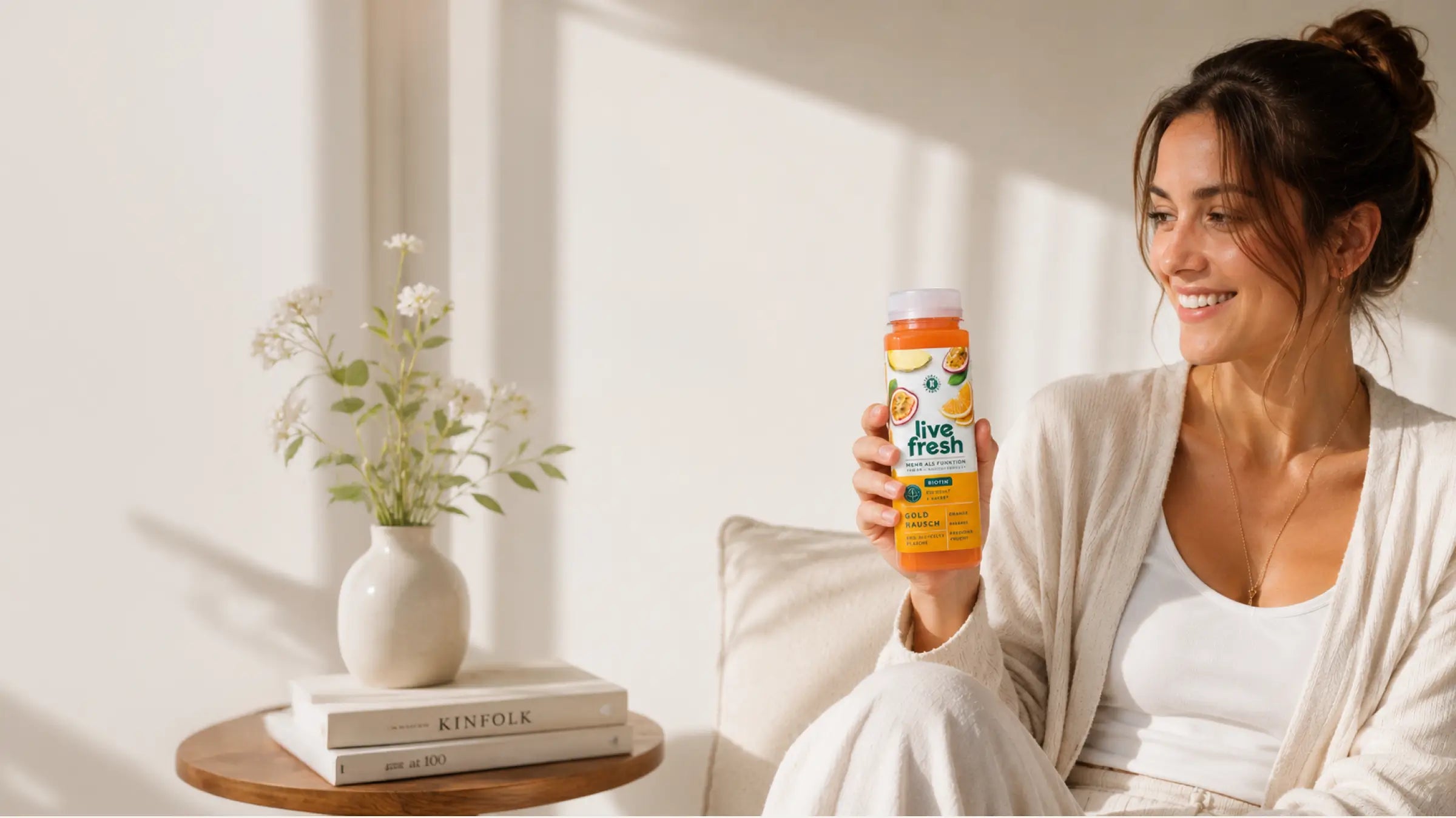 Frau sitzt entspannt im Wohnzimmer und hält einen LiveFresh Saft „Gold Rausch“ in der Hand.