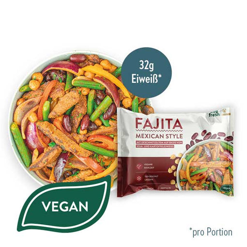 Mexikanisch inspirierte vegane Fajita Bowl mit grünen Bohnen, Paprika und Kidneybohnen, enthält 32g Eiweiß pro Portion. Verpackung zeigt den Titel „Fajita Mexican Style“ und das „Vegan“-Logo.