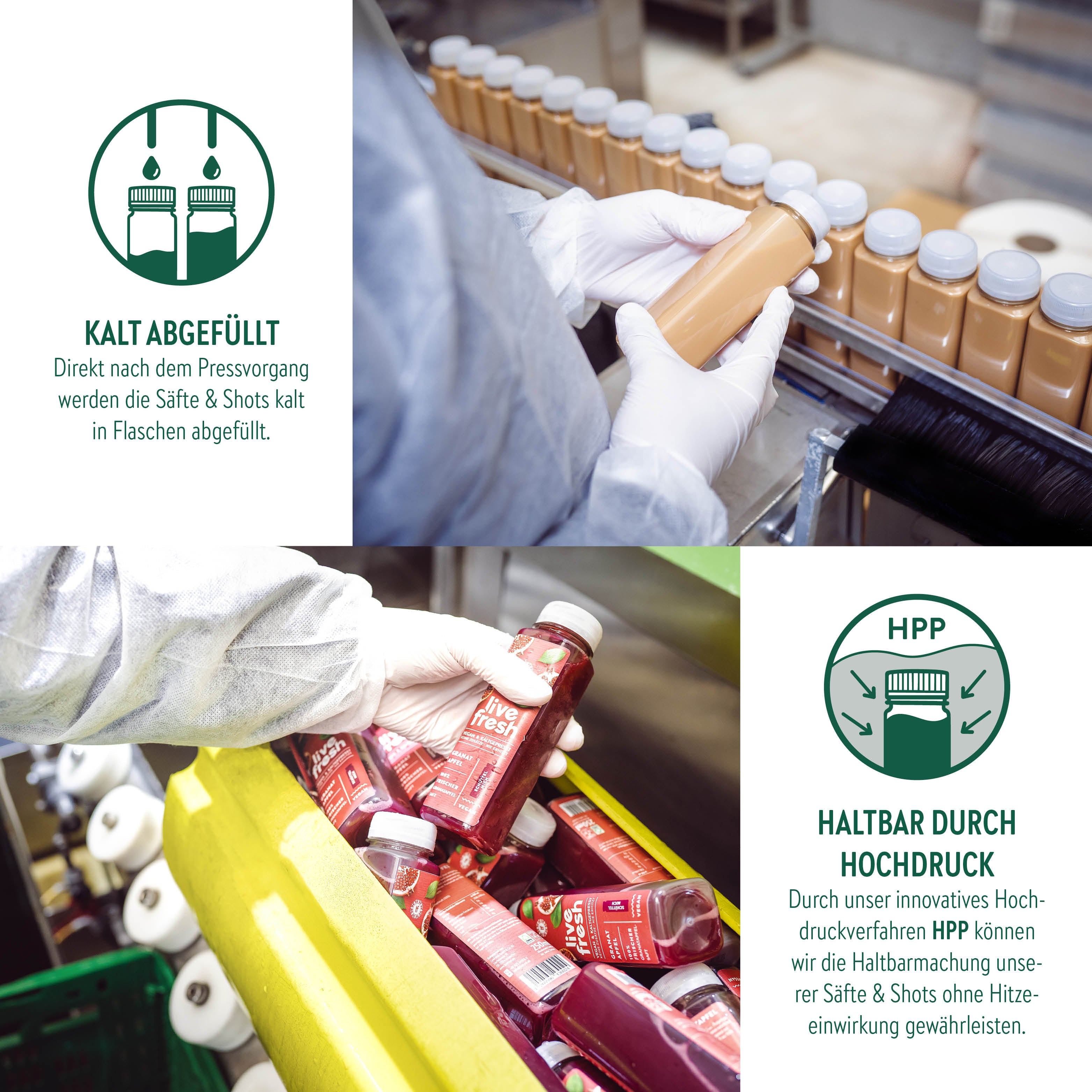 Oben ist eine Produktionslinie zu sehen, auf der Säfte in kleine Flaschen abgefüllt werden. Eine Person mit Handschuhen prüft eine Flasche. Daneben steht der Text „Kalt abgefüllt – Direkt nach dem Pressvorgang werden die Säfte & Shots kalt in Flaschen abgefüllt.“ Unten wird eine Person gezeigt, die eine Flasche roten „Live Fresh“-Saft in einen Behälter legt, begleitet von dem Text „Haltbar durch Hochdruck – Durch unser innovatives Hochdruckverfahren HPP können wir die Haltbarmachung gewährleistet.